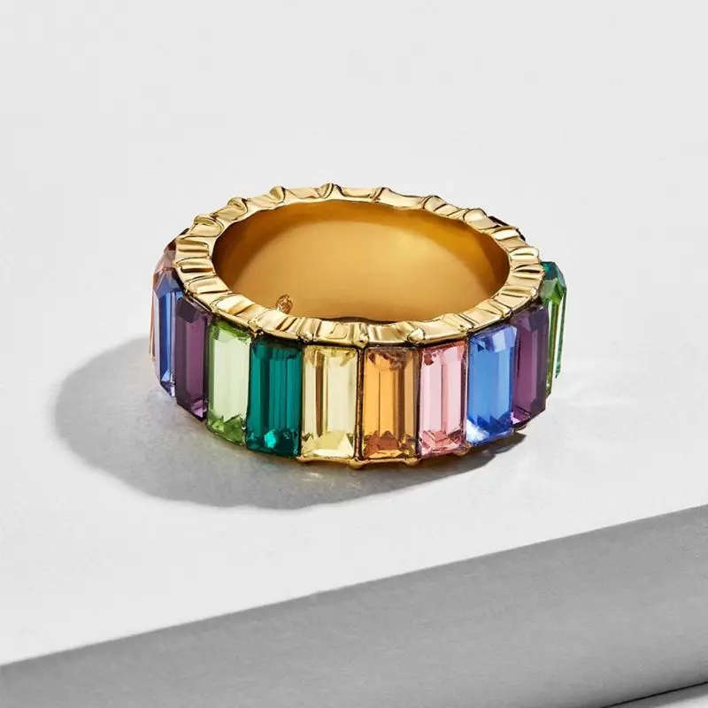 

Rainbow Crystals Baguette Band Ring Stackable Eternity Band Cubic Zirconia Ring