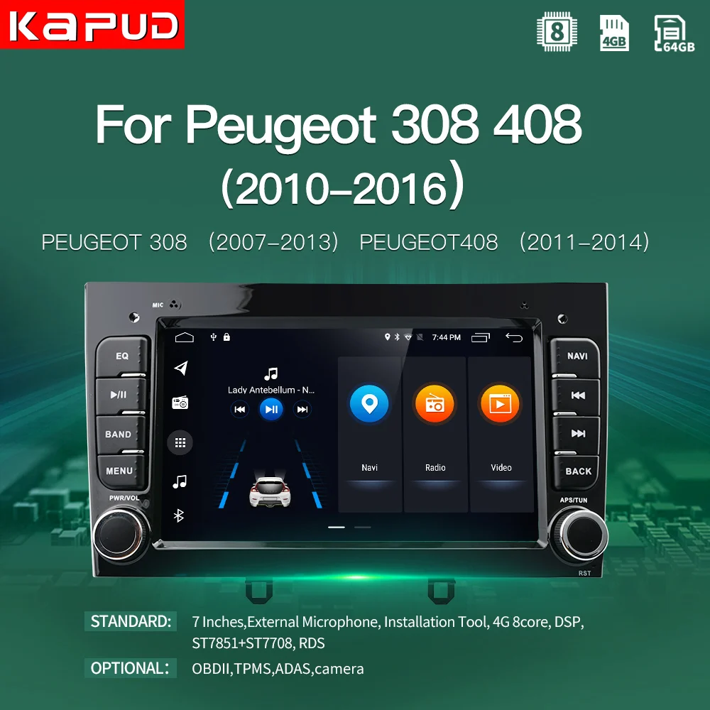 Kapud 7 Android 10,0 4G auto Radio Multimedia estéreo para Peugeot 308/408 Video del coche reproductor de navegador GPS VIdeo estéreo Octa-Core