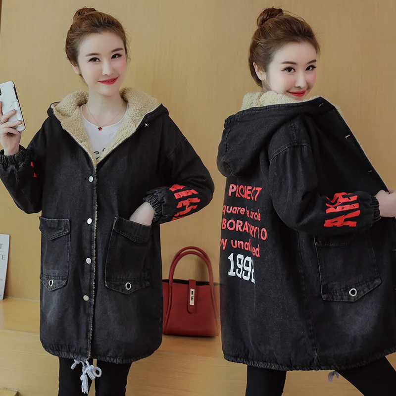 

2019 Autumn And Winter New Style Lambs Wool Cotton-padded Clothes Jeans Coat WOMEN'S Dress Mid-length Korean-style Brushed And T