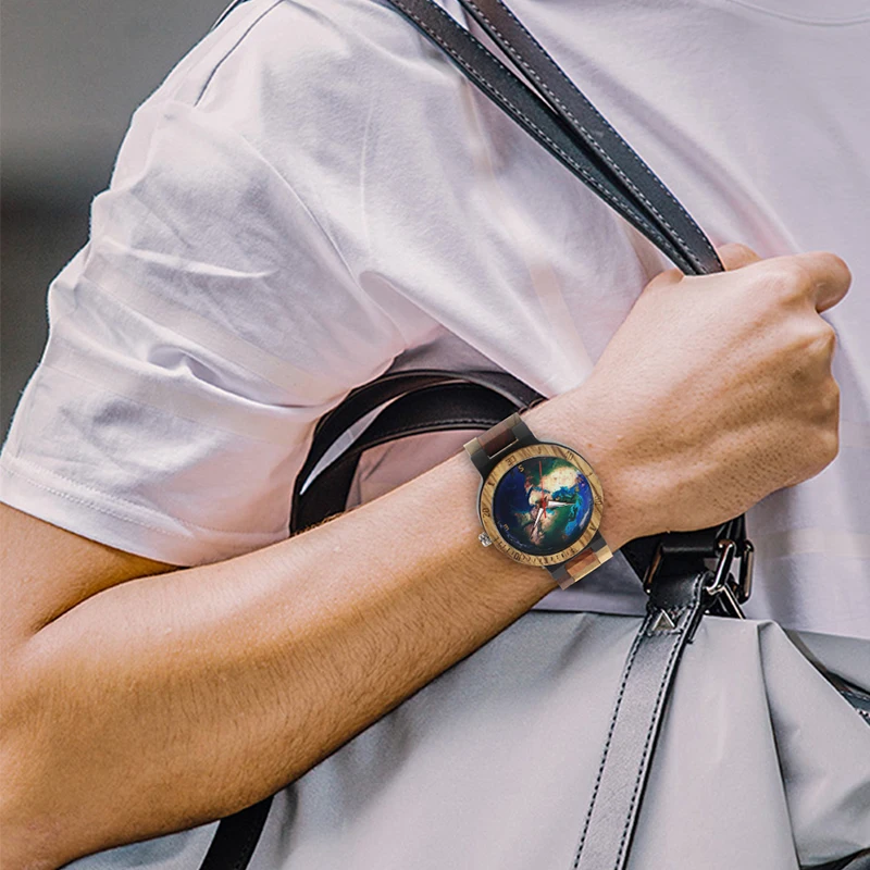 Solid Natural Wood Watch Men Quartz Watch The Earth World Planet Design Wooden Band Male Wristwatch Clock Man Relogio Masculino