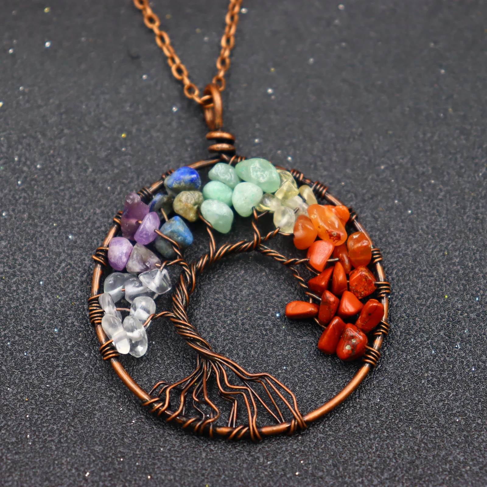 Natural Amethyst Peridot Lapis Chip Beads Tree of Life Olivary Pendant Necklace 