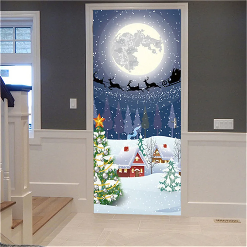 Наклейки на двери рождественские раздвижные стеклянные двери наклейки домашний Декор Санта Клаус детская комната клейкие водонепроницаемые обои плакаты