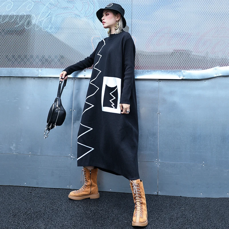 [EAM] Women Black Loose Striped Knitting Sweater Dress New Stand Collar Long Sleeve Loose Fit Fashion Spring Autumn 1D165