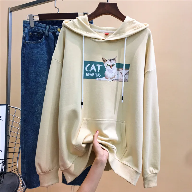 

2019 Women New Spring And Autumn Korea Style Oversized Student Sport Casual Hooded Coat Cartoon Printed Female Pullover Fleece