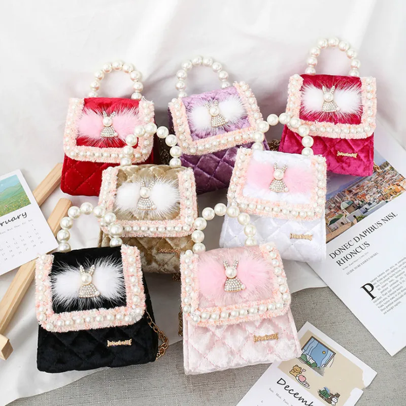 Niños coreanos bolso estilo Mini Clutch 2021 lindo terciopelo chicas moneda bolsa mensajero bolsa chica perlas para fiesta bolsas de mano monedero