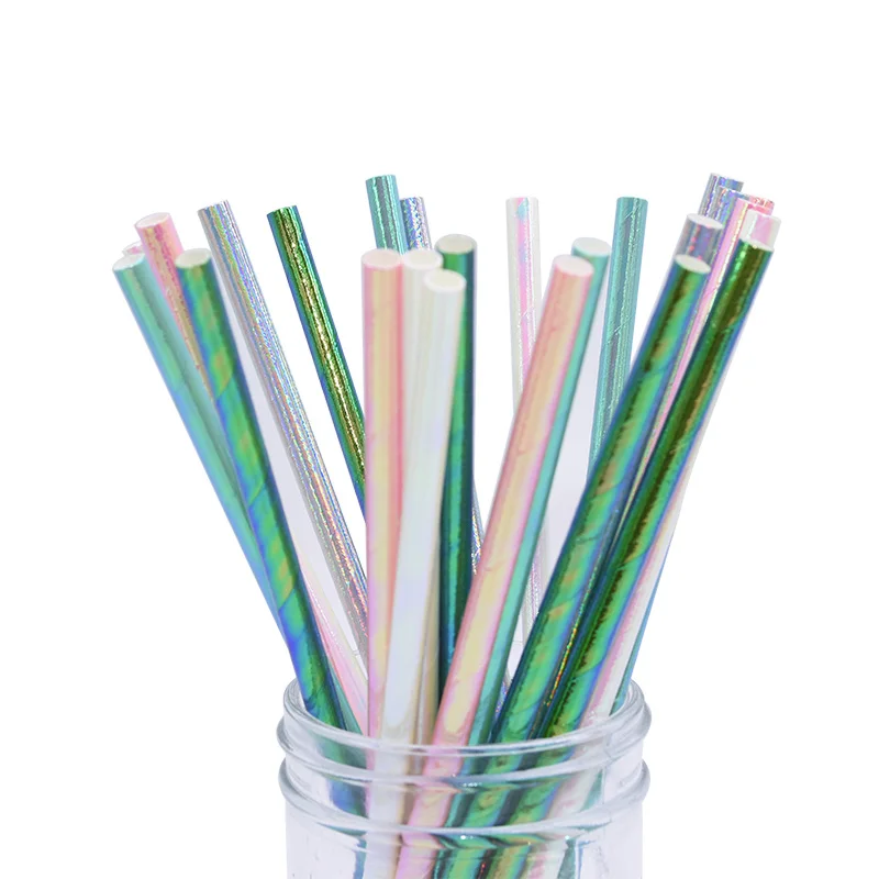 25pcs/bag Disposable Iridescent Paper Straws for Wedding Birthday Baby Shower Party Decoration Canival Christmas Frozen Supplies