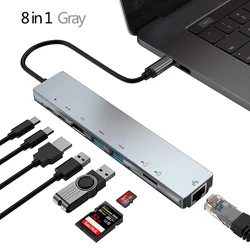 Premium USB-C Hub with 4K HDMI, RJ45 Ethernet, VGA, and Card Reader Slots (8-in-1 RJ45 Gray)