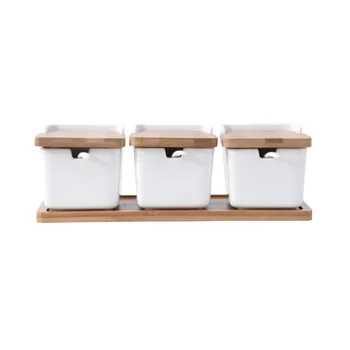 

Creative Ceramic Seasoning Bottle Set Three-piece Condiment Jar Set Condiment Storage Container with Base Holder and Spoons
