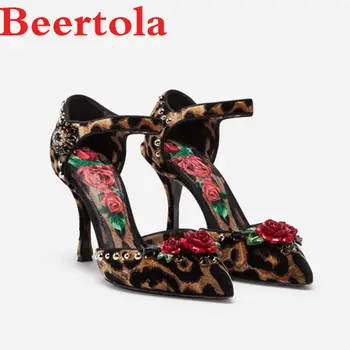 

New Autumn Women's Pumps Leopard Pattern Rose Decor High Heels Female Rhinestones Buckle Strap Rivets Designers Zapatillas Mujer