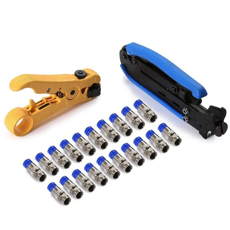 wiretracker RG6 Compression Tool Coax Cable Crimper Kit RG6 RG11 RG59 F81 with 20PCS F Compression Connectors - BlueYellow cable tester tracer