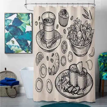 

Shower Curtains Blue and Gray Sketch,Nachos Croissant Tea Onion Rings and Muffins Monochrome Illustration of Food,Beige and