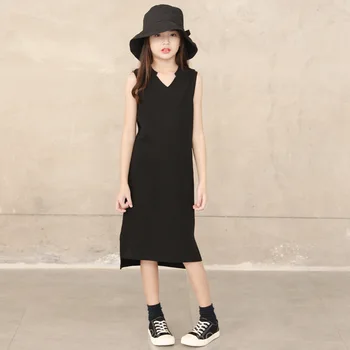 

kids dresses for girls Korean solid girls spring summer 2020 black split fork stretch sleeveless V-neck straight dress 4-18Y