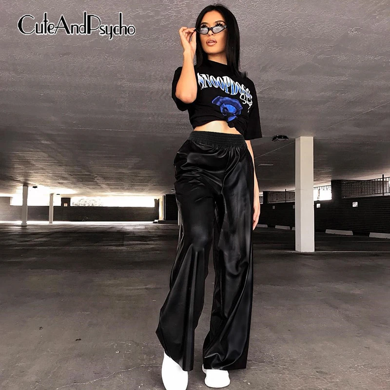 

PU Leather Straight Pants Women Casual Baggy Trousers Femme High Waist Pant Loose Capri Bottoms Streetwear Fashion Cuteandpsycho