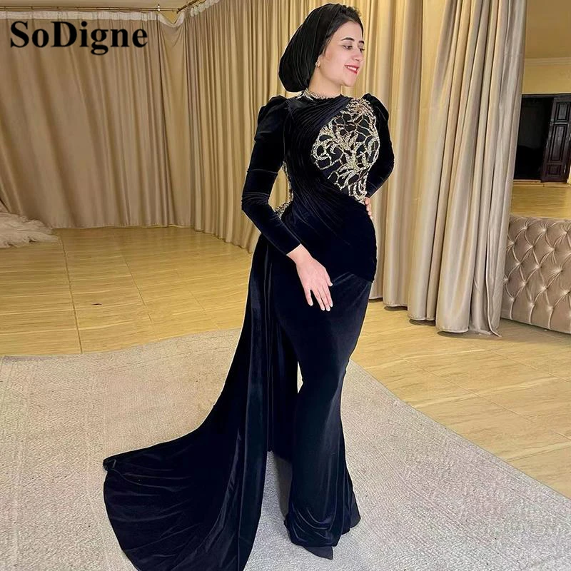 SoDigne Muslim Arabic Prom Dress Middle East Formal Gown Black Velvet Beads Long Sleeve O Neck Mermaid Gowns Evening Dresses red prom dress