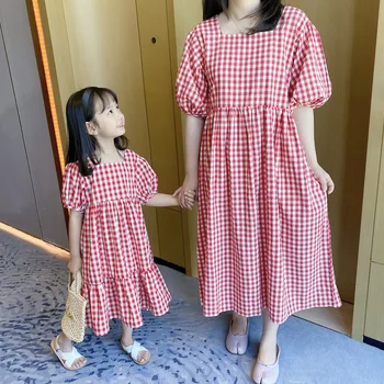

girls dress matching clothing Mother daughter big sister little sister matching outfit plaid pattern girls summer clothes