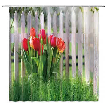 

Tulip Flower Decor Shower Curtain Spring Floral Meadow Wood Fence Nature Garden Scenic Red Green Fabric Bathroom Curtains,70x70