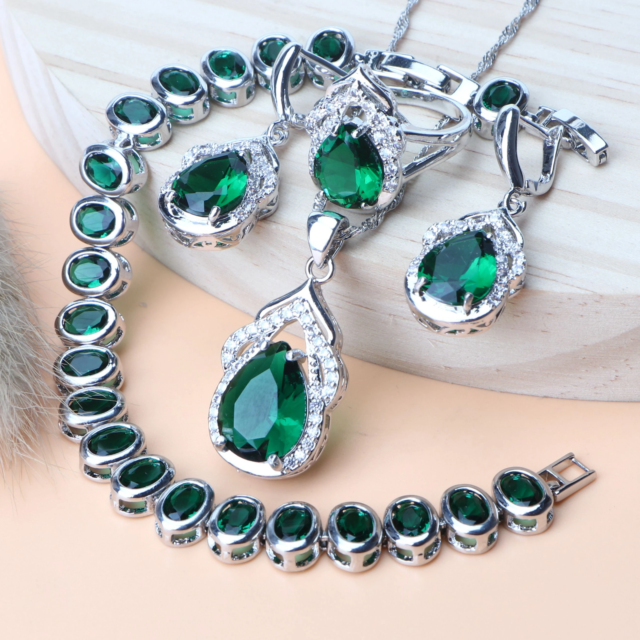 Women 925 Sterling Silver Bridal Jewelry Sets Wedding Green CZ 2020 New Bracelets Pendant Necklaces Rings Earrings Set | Украшения и