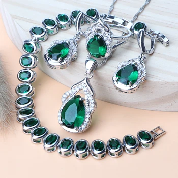 

Women 925 Sterling Silver Bridal Jewelry Sets Wedding Jewelry Green CZ 2020 New Bracelets Pendant Necklaces Rings Earrings Set