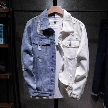 

men tide hole denim jacket young white and blue one's morality double color restoring ancient ways splicing jacket
