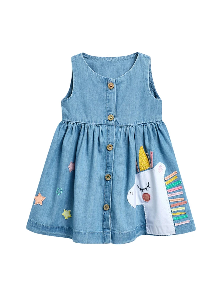 Little maven Baby Girls Summer Dress for New Year 2022 Denim Unicorn Dress Lovely Casual Clothes for Kids 2-7 year