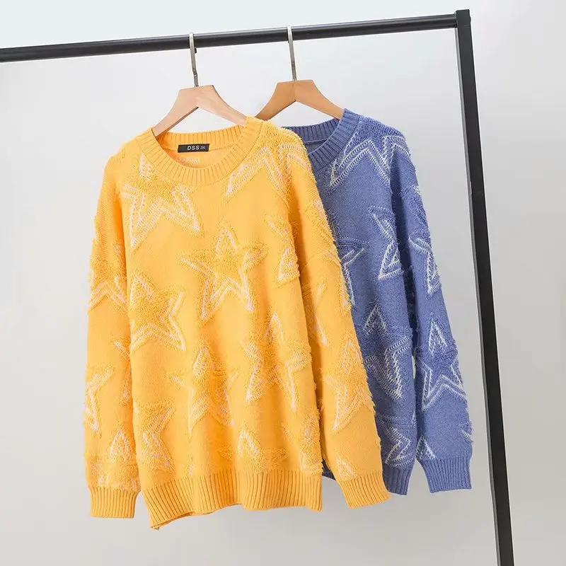 

Plus Size Casual Essential Sweaters 2019 Autumn Women Fashion Loose Long Sleeve pentagram Knitting Pullovers C2-2045