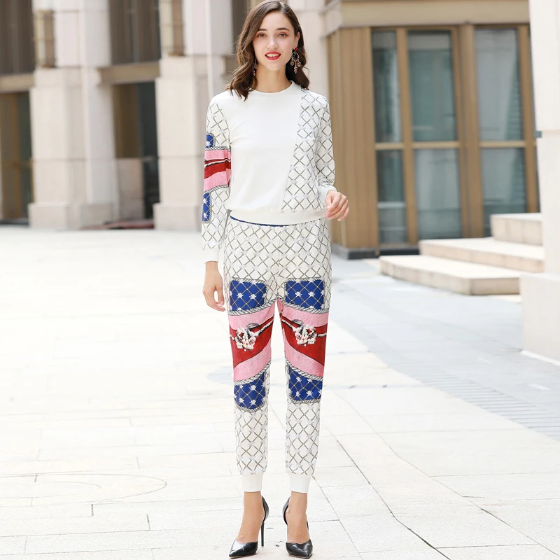 

Xiaomoli Autumn 2019 new print jacket, checked print and slim trousers two-piece suit
