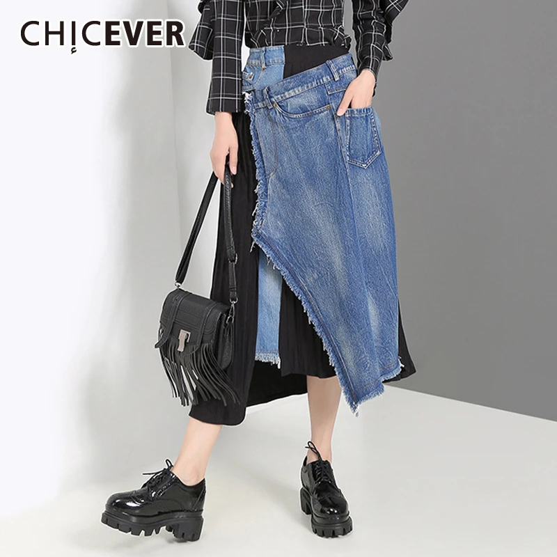 CHICEVER Лоскутная джинсовая хит цветная юбка для женщин Высокая талия с кисточками Большие размеры повседневные плиссированные женские юбки Мода Новинка