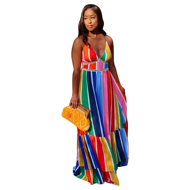 Women Rainbow Striped Spaghetti Stap V 