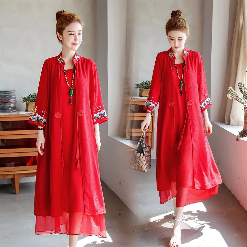 

Mid-length Cotton Linen Dress Two-Piece Women's Summer 2019 Literature And Art Retro National Wind Casual Embroidered Dress