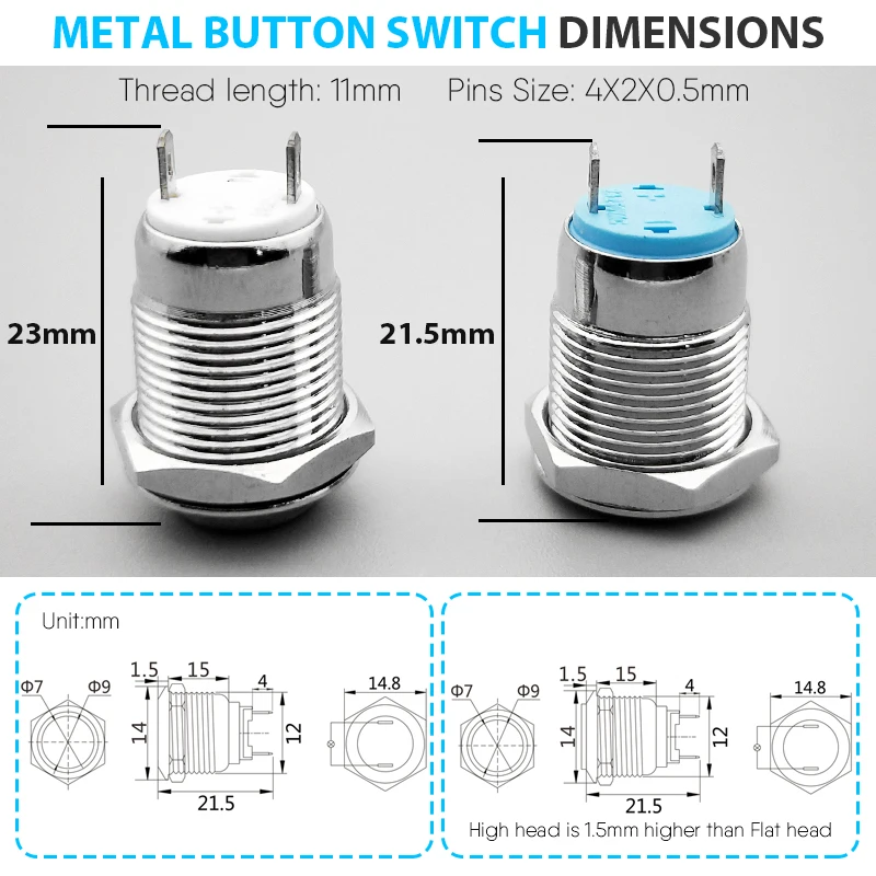 12mm metal push button waterproof nickel plated brass switch high head Round shape momentary self reset 1NO 12GT.F.C 2 pins 12mm metal push button waterproof nickel plated brass switch high head Round shape momentary self reset 1NO 12GT.F.C 2 pins