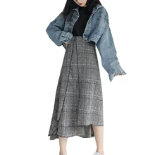 Mid-length Women Plaid Skirt Spring Irregular High Wasit A-Line Skirts Fashion Causal  Ladies Skirts Elegant Plaid Women's Skirt
