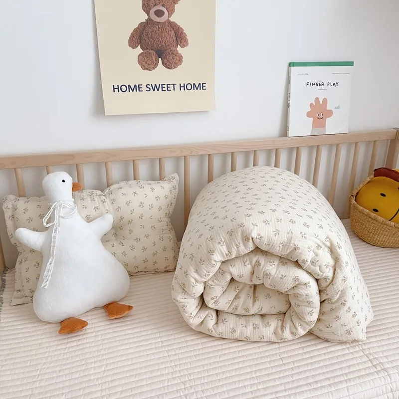 Korean Flower Cotton Baby Crib Quilt Muslin Kids Children Infant Baby Comforters Thicken Winter Cot Quilts for Bed Plaid