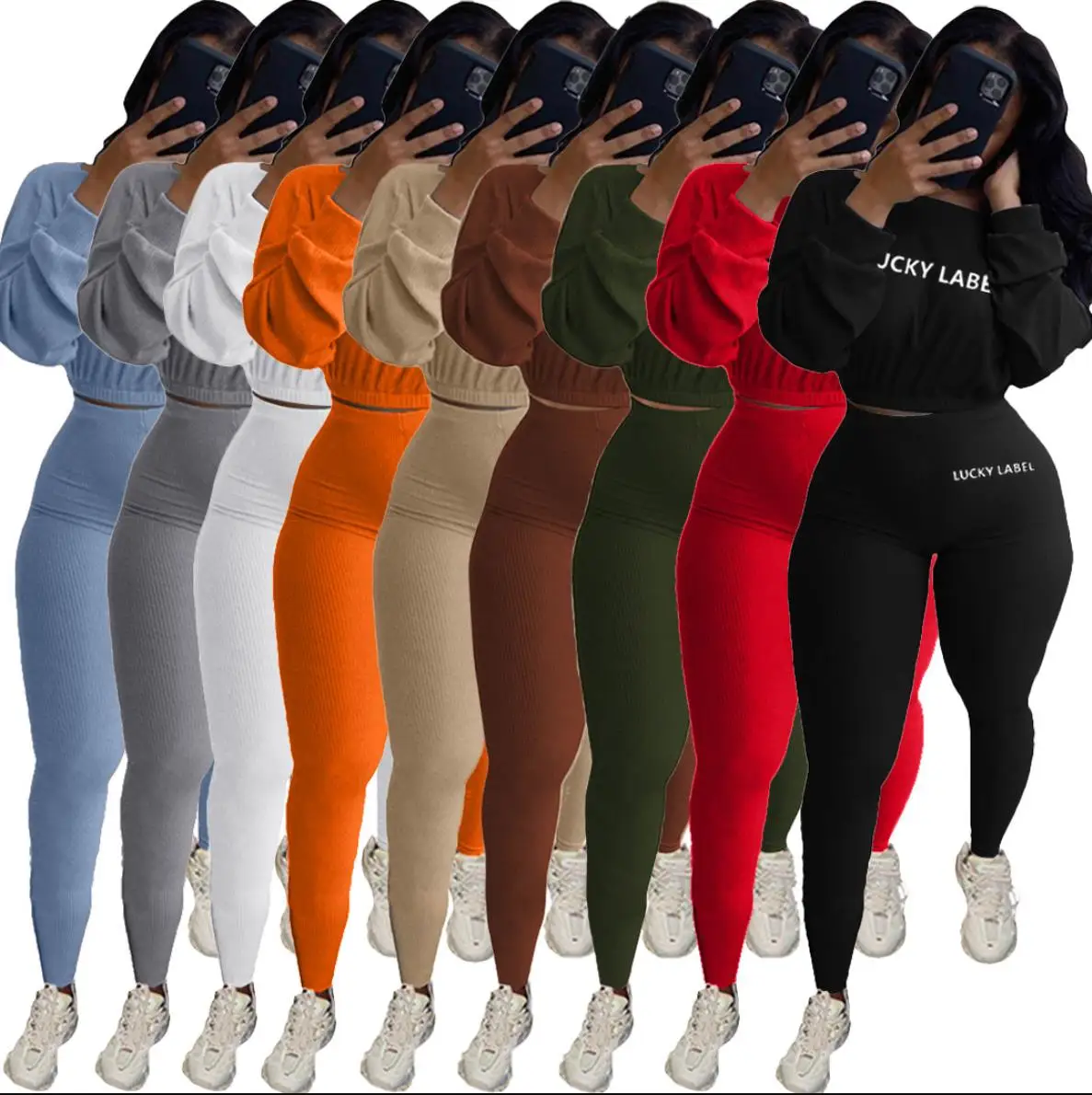 

Activewear Lucky Label Embroidery Ribbed Women's Set Sweater Tops Legging Pant Set Tracksuit Fitness Two Piece Outfits