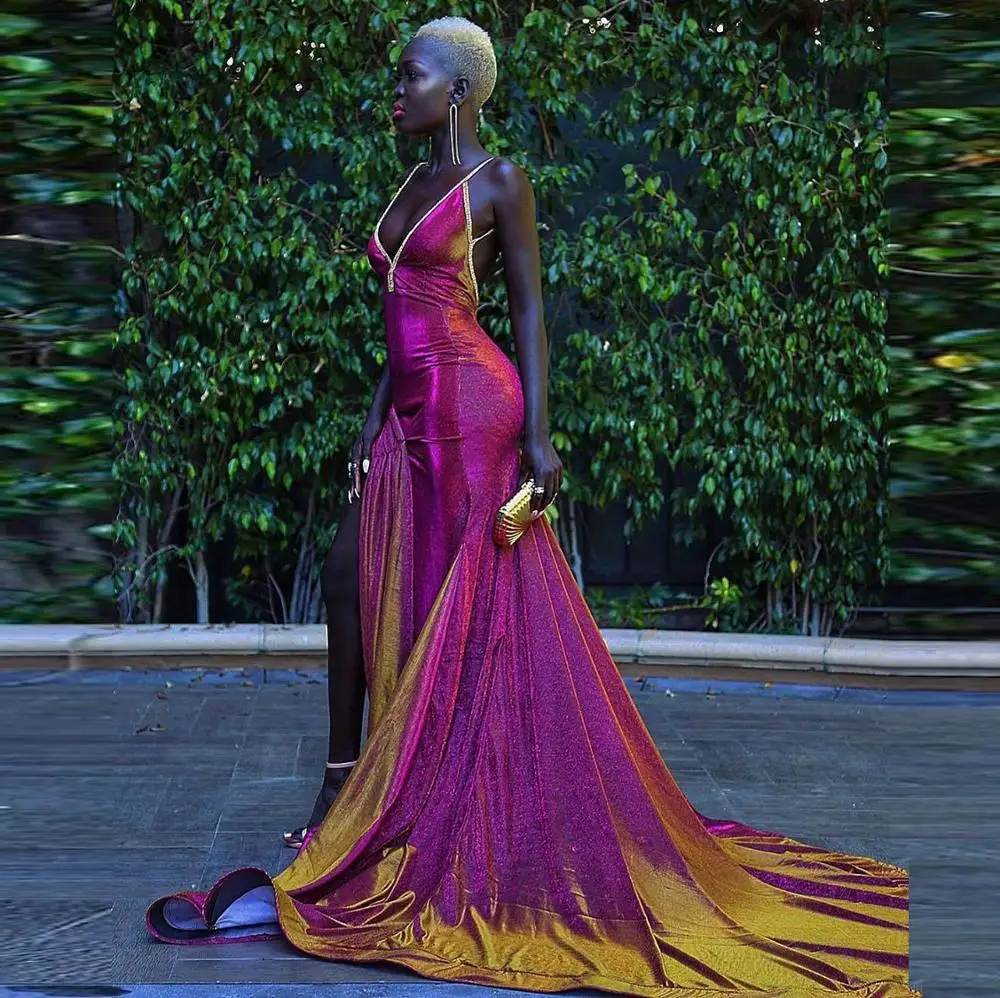 

Sexy Spaghetti Strap Prom Dresses Split Mermaid Backless Evening Dress Simple Long Pageant Party Gowns With V Neck