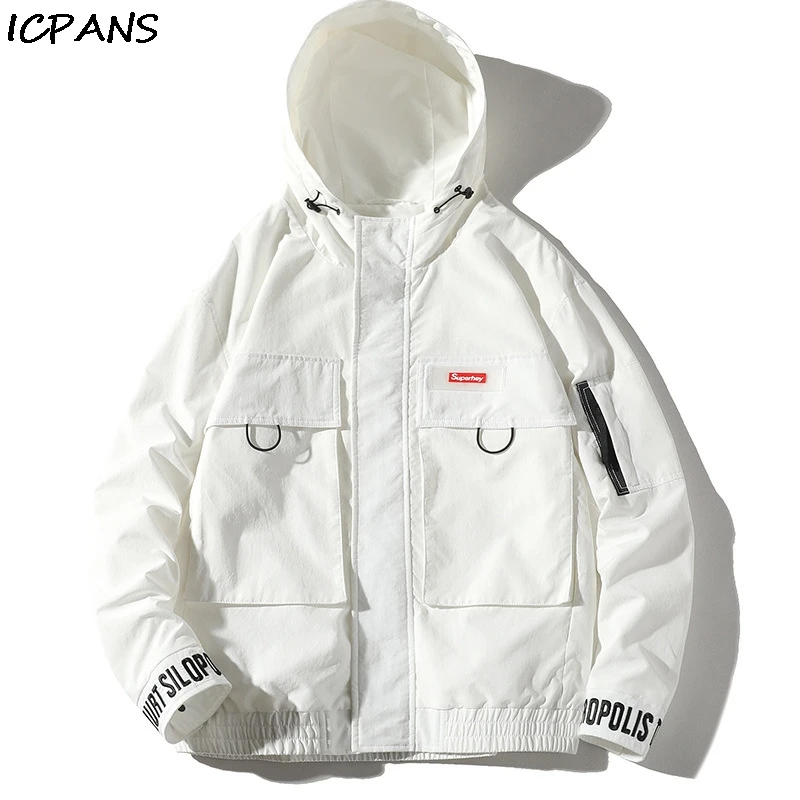 

ICPANS Autumn Hooded Jackets Men White Black Pullover Jacket With Pockets Fashion Tracksuit Coat Men Hip Hop Streetwear