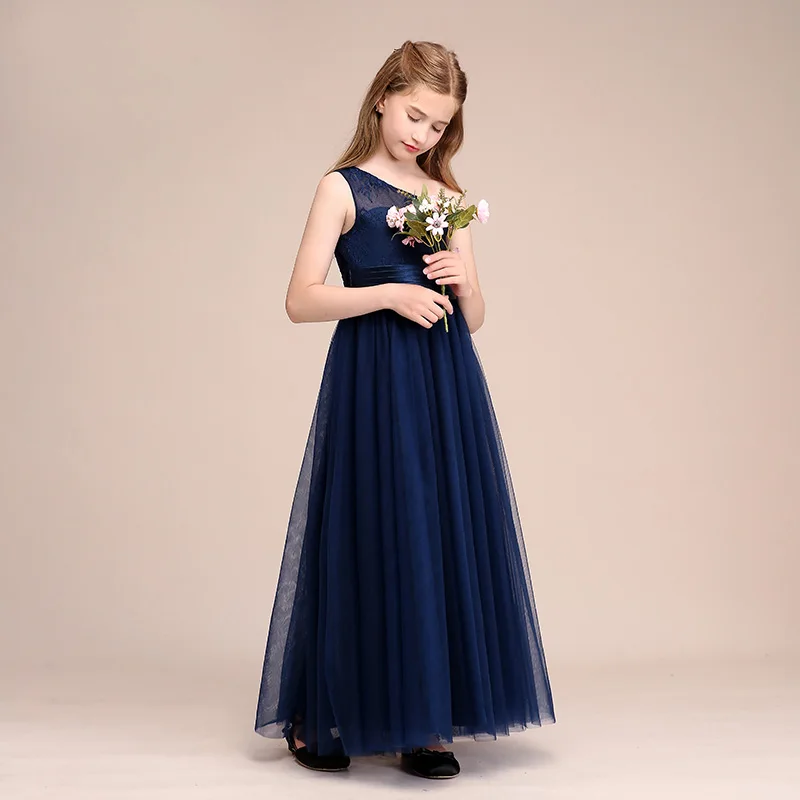 navy blue Темно-синие платья подружки невесты на одно плечо трапециевидные кружевные фатиновые платья принцессы с цветочным узором для девочек на свадьбу - Цвет: navy blue