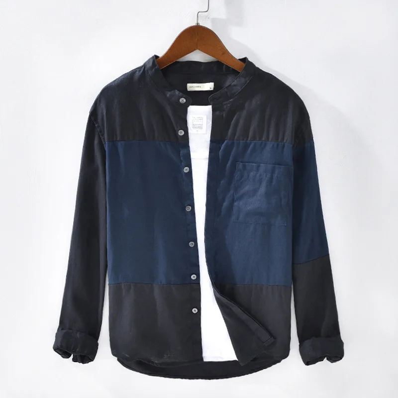

High Quality Patchwork 100% Linen Shirts For Men Long-sleeved Casual Turn Down Collar Flax Dress Shirt Men Male Camisas TS-633