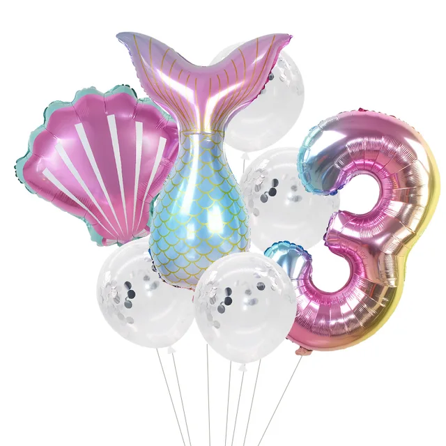 Little Mermaid Party Balloons 32inch Number Foil Balloon Kids Birthday Party Decoration Supplies Baby Shower Decor Helium Globos 7pcs number3 set