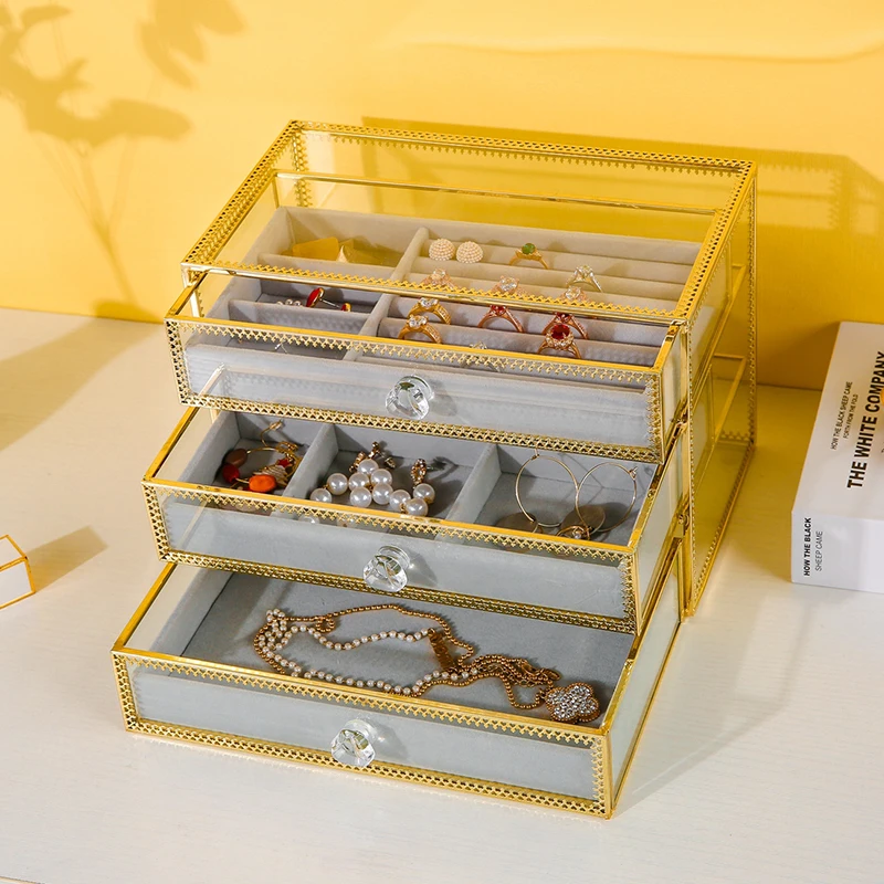 Коробка для хранения ящиков для макияжа с золотым краем, шкатулка для украшений 3 уровня, ящички из металлического стекла, органайзер для ящика с косметикой, коробка для хранения