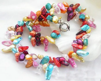 

Unique Pearls jewellery Store 2rows Yellow Red Blue Biwa Pearl Crystal Beads Baroque Genuine Pearl Necklace Charming Women Gift