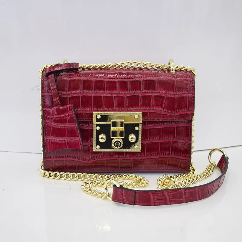 

2019 New Style Cowhide Crocodile Pattern Square Sling Bag Europe And America Style One-Shoulder Lock WOMEN'S Cow Leather Bag Gua