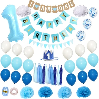

Toddler Baby Boy Girl 1st Birthday Party Decorations Background Wall Balloons Flowers Tassels Banner