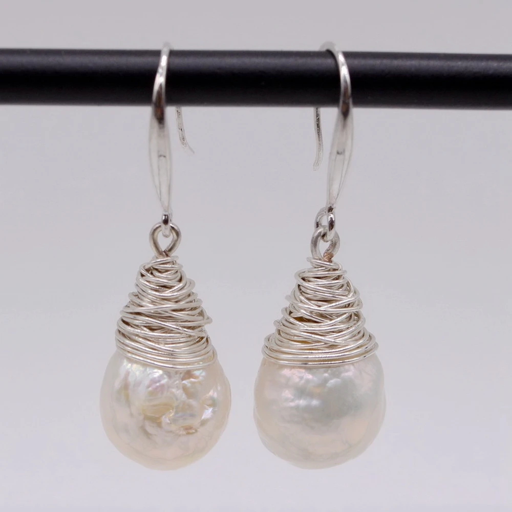 Baroque Pearl Earrings White Natural Freshwater Pearl 925 Sterling Silver Drop Earrings Handmade Large Pearl Drop Earrings Women