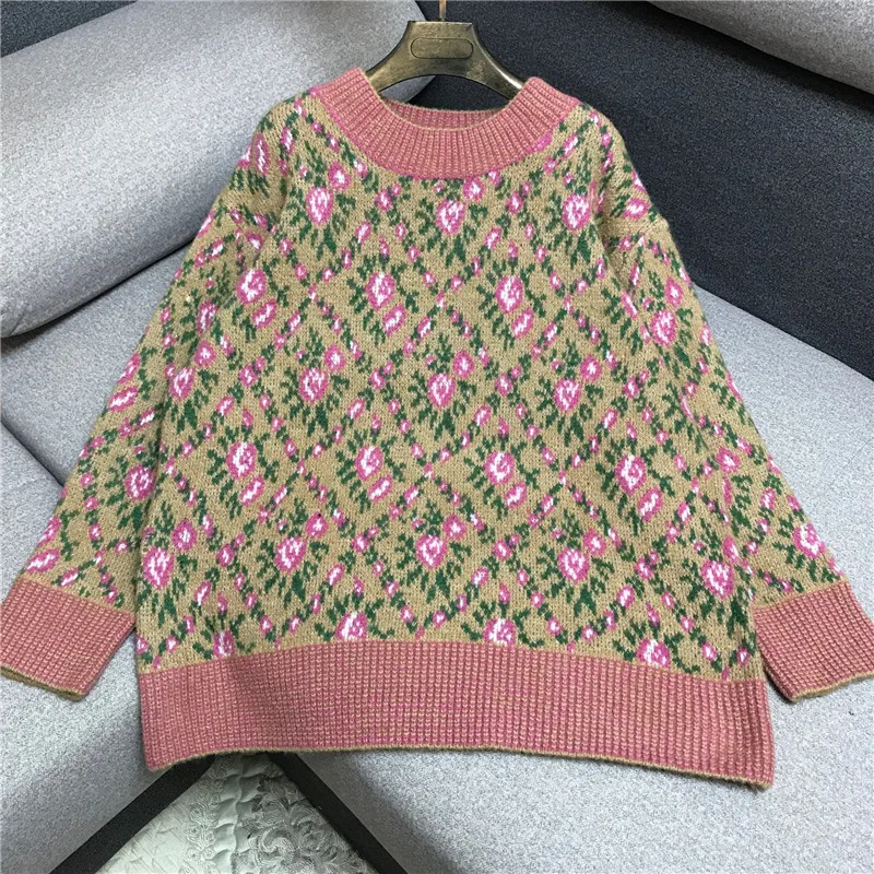 Best Price Luxury Designer Brand Knitted Sweater for Women Vintage O Neck Contrast Color Floral Loose Knitted Pullover Sweater Best Price Luxury Designer Brand Knitted Sweater for Women Vintage O Neck Contrast Color Floral Loose Knitted Pullover Sweater