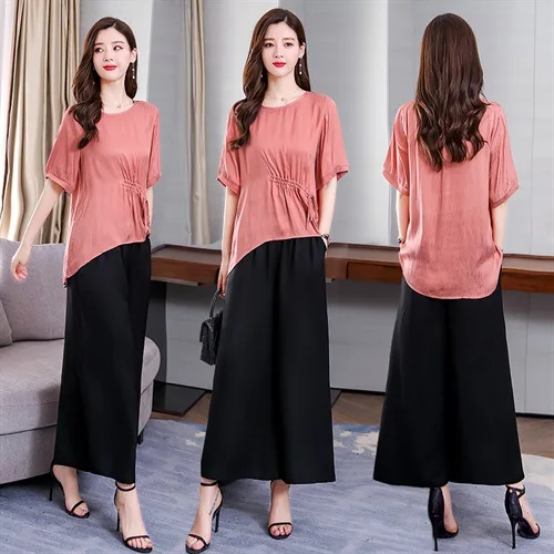

Plus-sized Large Size Dress Loose Pants Fashion Set Summer Fat Mm Loose-Fit Slimming Western Style Cover Belly Two-Piece Set Fas