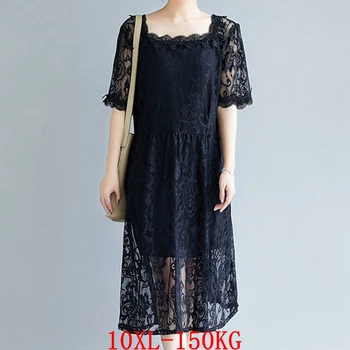 

Large size women's dress plus size 6XL 7XL 8XL 9XL 10XL summer square collar short sleeve loose large size blue lace dress