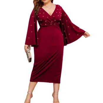 

Sexy Flare Sleeve V Neck Plus Size Dress Women Summer Dress Long Sleeve Bodycon Dress Office Ladies Party Clothing Vestidos
