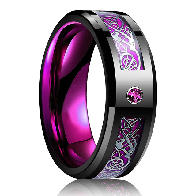 Men's 8mm Black Tungsten Wedding Celtic Dragon Ring Inlaid Red Zircon Punk Stainless Steel Red Carbon Fibre Ring For Men