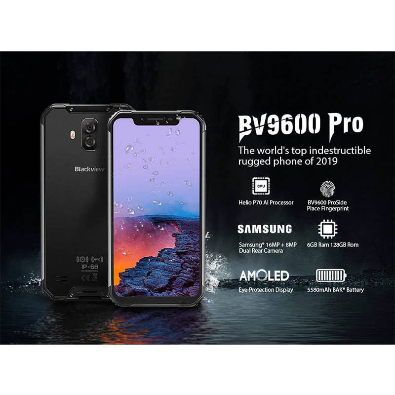 Blackview BV9600 Pro мобильный телефон P70 6 ГБ+ 128 Гб IP68 Android 9,0 NFC водонепроницаемый Helio 6,2" 19:9 FHD AMOLED 5580 мАч смартфон