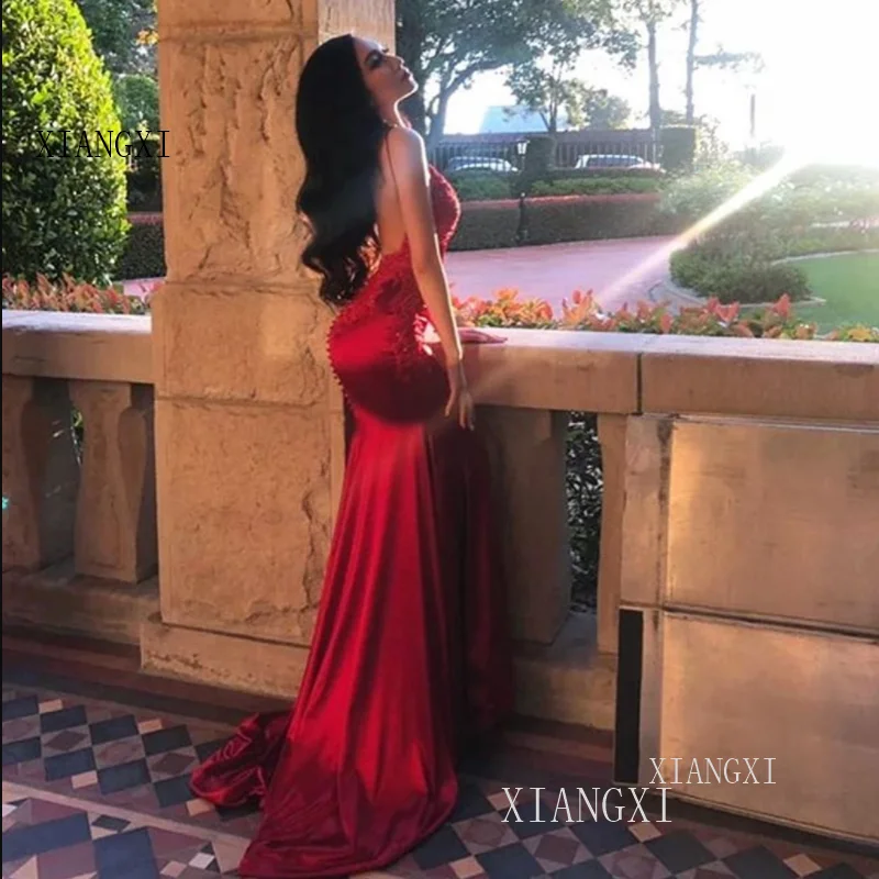 

2019 Sexy Mermaid Backless Straps Applique Red Prom Dress